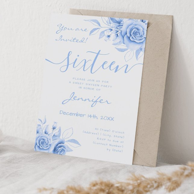 Invitation Coquette Marine bleu doux 16 flamme florale (Coquette Navy Blue Sweet 16 Floral Glam Invitation)