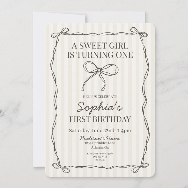 Invitation Coquette Noire Bow Beige rayé Anniversaire (Devant)