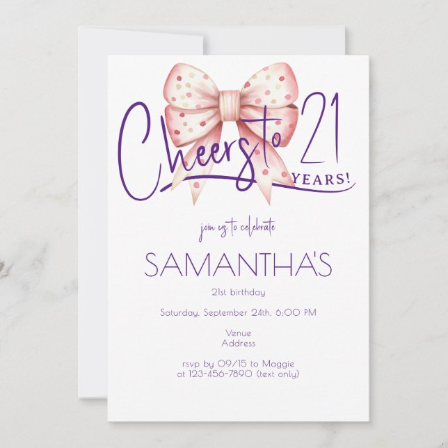 Invitation Coquette Pink Bow encourage 21e anniversaire Photo (Devant)