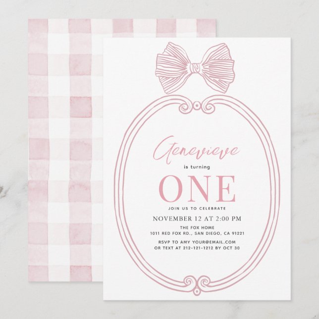 Invitation Coquette Pink Bow Ribbon Frame Girl 1er anniversai (Devant / Derrière)