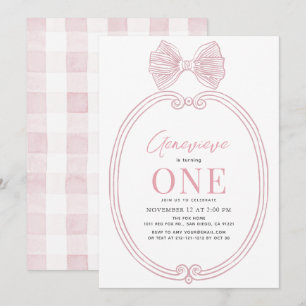 Invitation Coquette Pink Bow Ribbon Frame Girl 1er anniversai