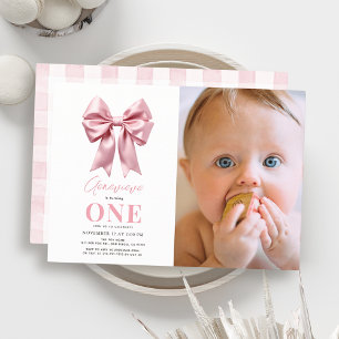 Invitation Coquette Pink Bow Ribbon Girl 1er Anniversaire Pho
