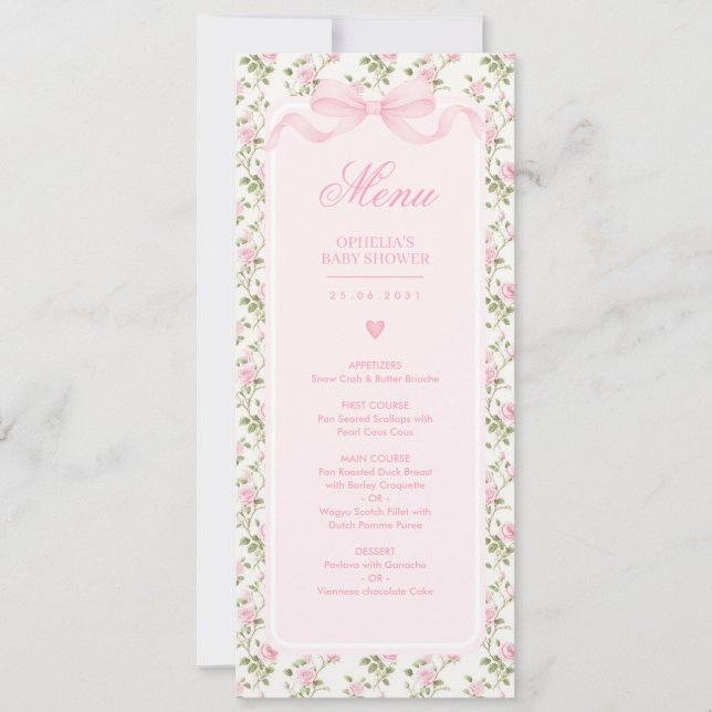 Invitation Coquette Pink Bow Roses Baby Shower Menu (Devant)