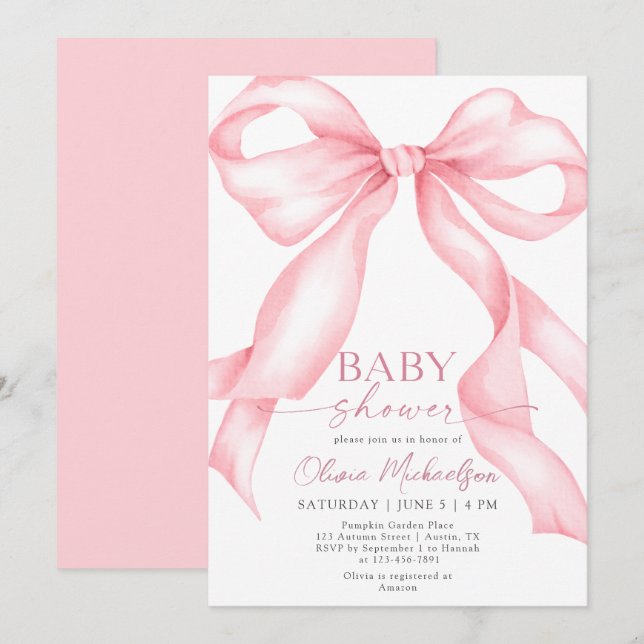 Invitation Coquette Pink Bow Ruban Élégant Baby shower fille (Devant / Derrière)