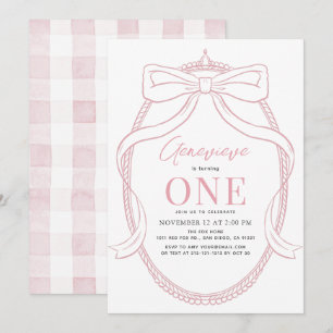 Invitation Coquette Pink Bow/Ruban Tiara Girl 1er anniversair