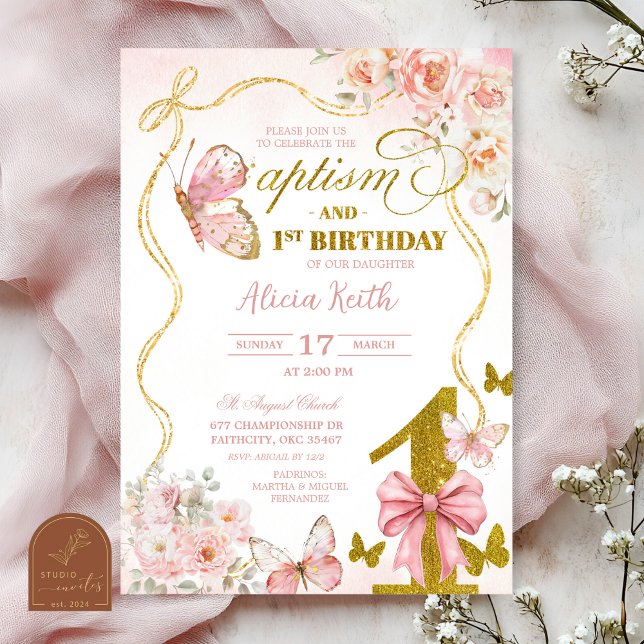 Invitation Coquette Pink Butterfly baptism and first birthday (Créateur téléchargé)