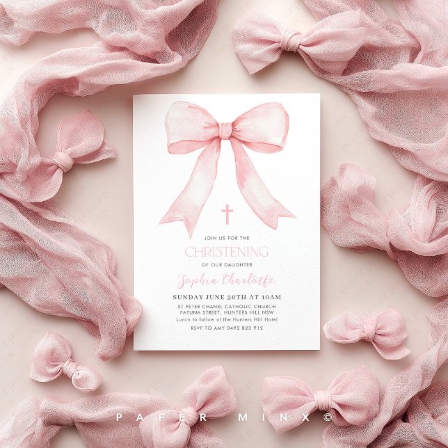 Invitation Coquette pour les filles de la boue rose (Pink Bow Christening Invitation | Girls Coquette Baptism Invitation)