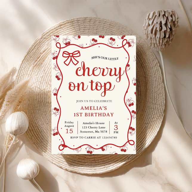 Invitation Coquette Red Cherry 1er Anniversaire Fête Invitati (Créateur téléchargé)