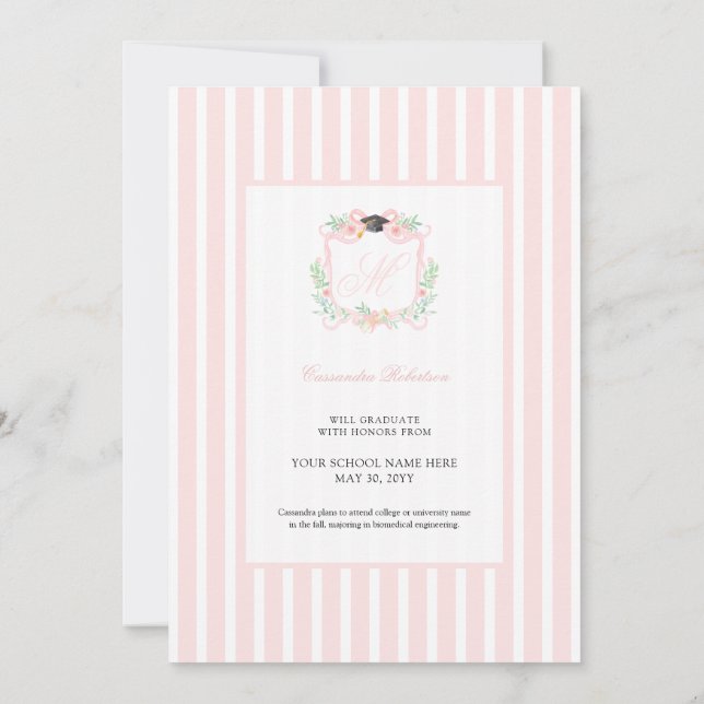 Invitation Coquette Ribbon Graduation Monogramme Crest (Dos)
