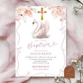 Invitation Coquette rose Baptême Girl Swan couronné Invitatio