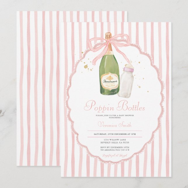 Invitation Coquette rose Bouteilles Poppin Couples Baby showe (Devant / Derrière)