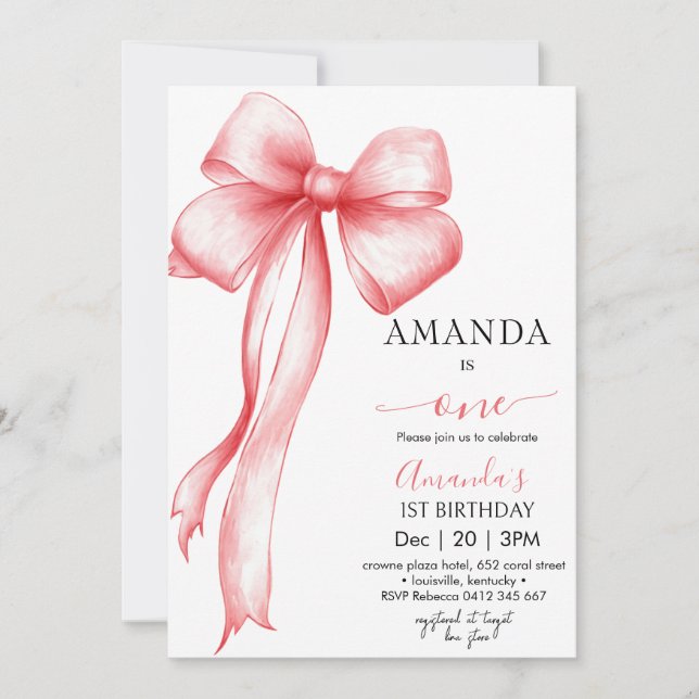 Invitation Coquette Rose Bow fille Anniversaire (Devant)