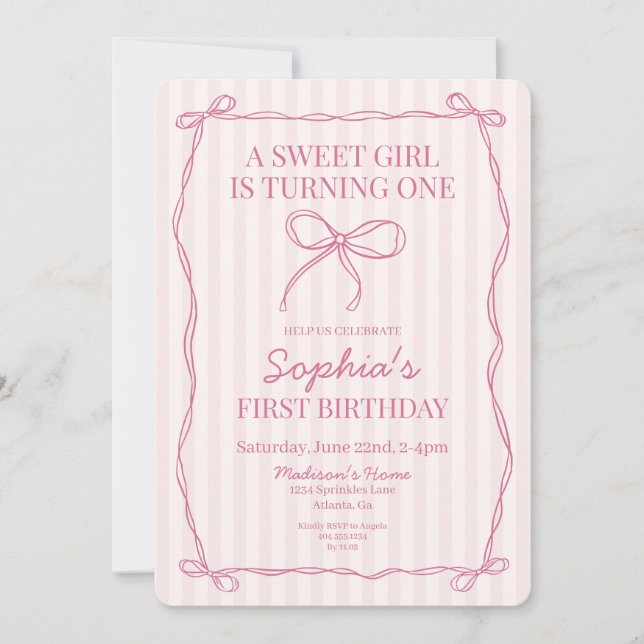 Invitation Coquette rose Bow Pastel Anniversaire (Devant)