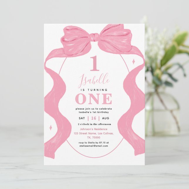 Invitation Coquette rose Bow & Photo Ribbon 1ère Fille Annive (Debout devant)