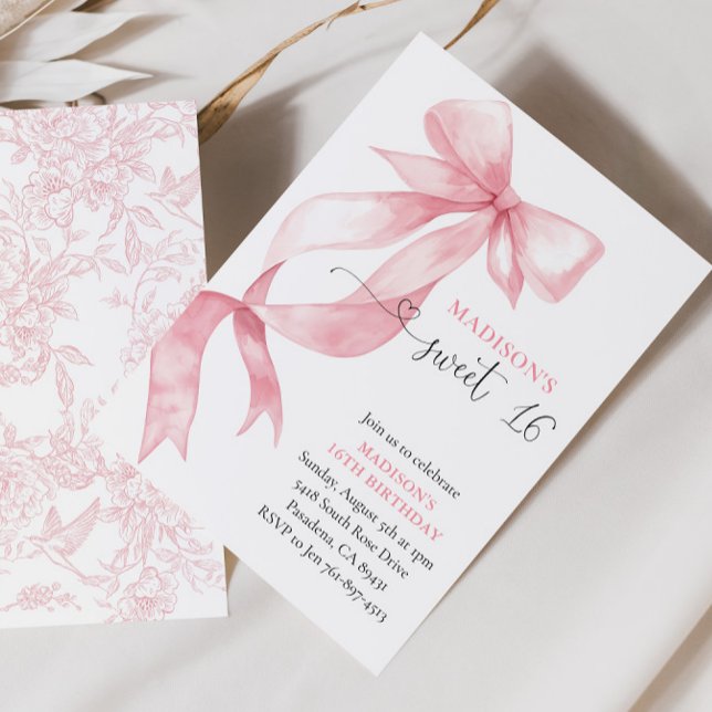 Invitation Coquette Rose Bow Sweet 16 Anniversaire (Créateur téléchargé)
