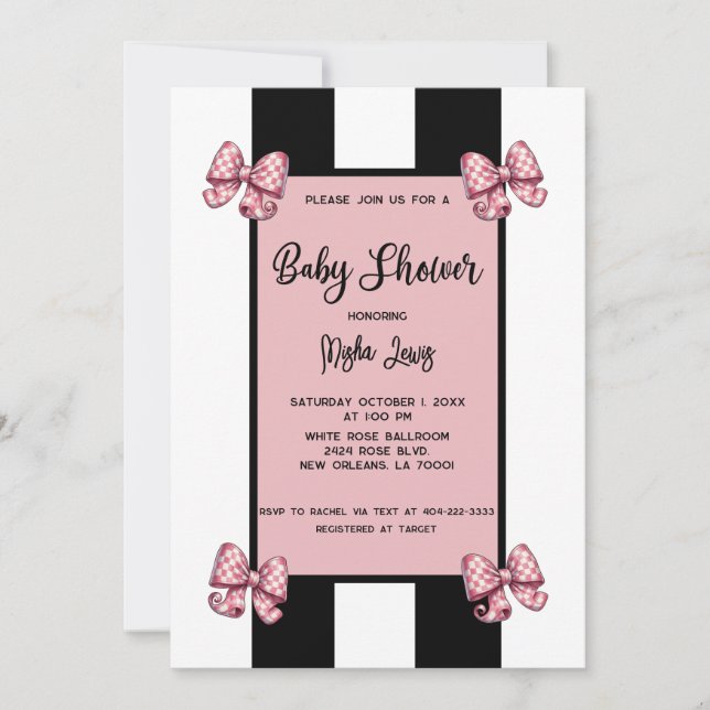 Invitation Coquette Rose Bows Black Stripe Baby shower (Devant)