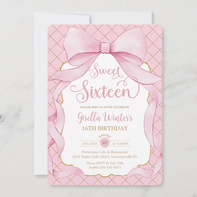 Invitation Coquette Rose Bows Sweet sixteen 16 16e anniversai (Devant)