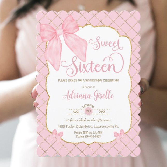 Invitation Coquette Rose Bows Sweet sixteen 16 16e anniversai (Créateur téléchargé)