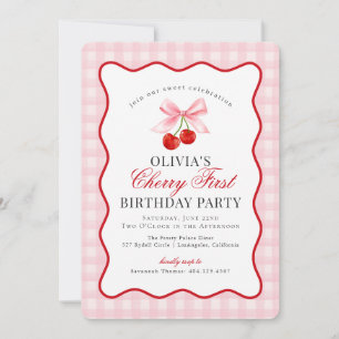 Invitation Coquette rose doux En vichy premier anniversaire