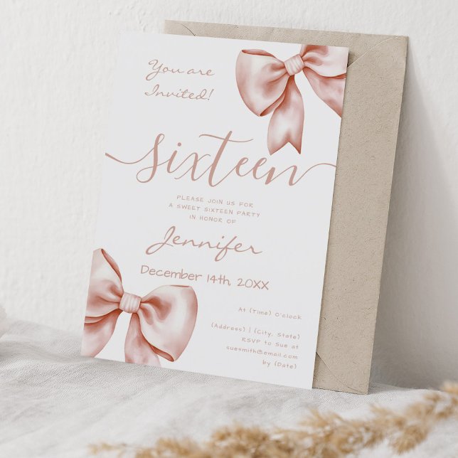 Invitation Coquette Rose Gold Bow Sweet 16 Anniversaire (Coquette Rose Gold Bow Sweet 16 Birthday Invitation)