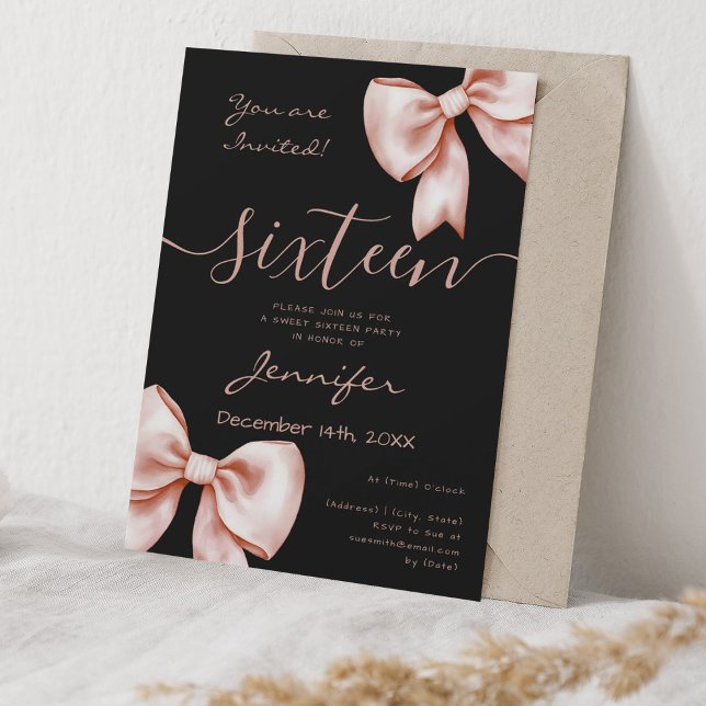 Invitation Coquette Rose Gold Bow Sweet 16 Anniversaire Noir (Coquette Rose Gold Bow Sweet 16 Birthday Black Invitation)