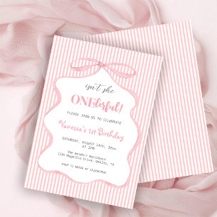 Invitation Coquette Rose Mignon Nœud Fille Premier Anniversai