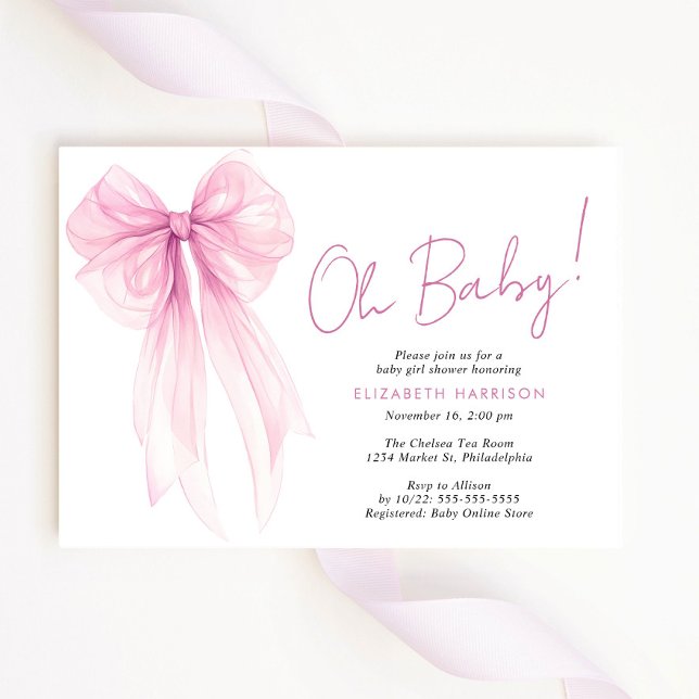Invitation Coquette rose mignonne Bow Aquarelle Bébé fille Do (Celebrate the upcoming arrival of your baby girl with a beautiful baby shower invitation)