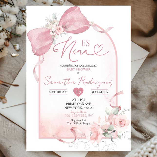 Invitation Coquette rose pâle Baby shower Floral Es Nina (Créateur téléchargé)