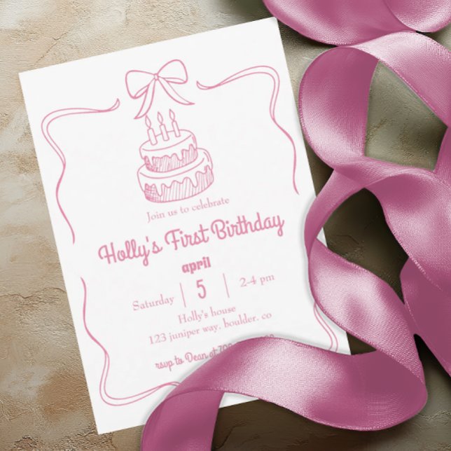 Invitation Coquette rose pâle Bow 1er gâteau d'anniversaire (Créateur téléchargé)