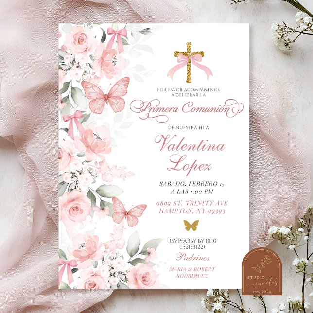 Invitation Coquette rose Papillon floral Première communion (Créateur téléchargé)