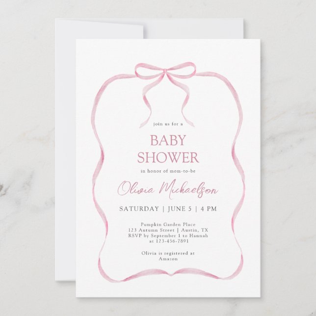 Invitation Coquette rose Ribbon Bow Elégant Baby shower fille (Devant)