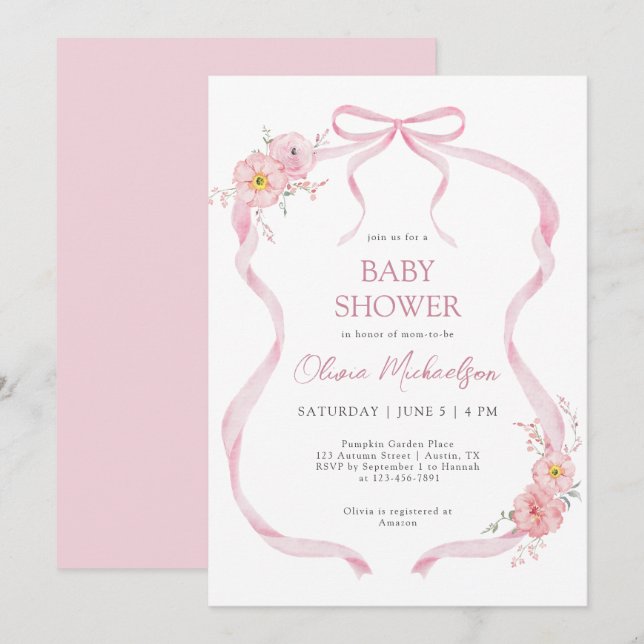 Invitation Coquette rose Ruban Bow Floral Girl Baby shower (Devant / Derrière)
