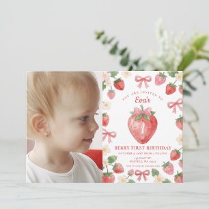 Invitation Coquette Rose Ruban Fraise Première Anniversaire P