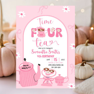 Invitation Coquette rose Whimsical Retro Tea 4e anniversaire