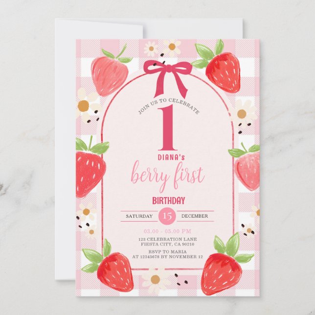 Invitation Coquette Strawberry 1st Birthday Party Invite (Devant)