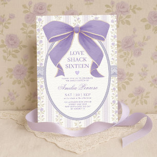 Invitation Coquette Sweet 16 Purple Bow Floral Anniversaire