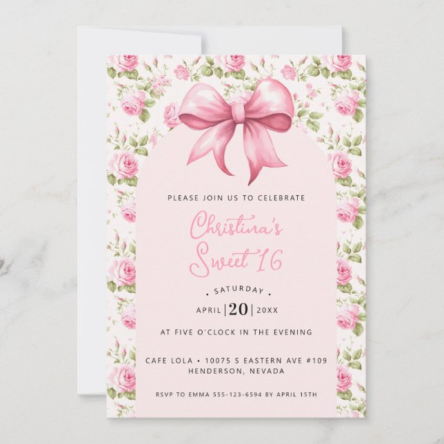 Invitation Coquette Sweet 16 Ruban Rose (Devant)