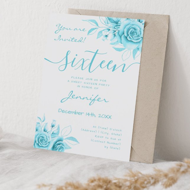 Invitation Coquette Turquoise Sweet 16 Floral Glam (Coquette Turquoise Sweet 16 Floral Glam Invitation)