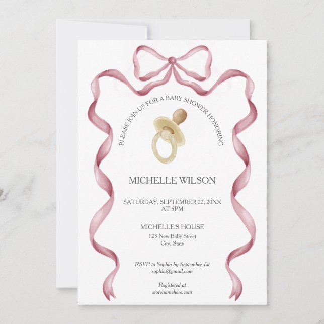 Invitation Coquette vintage Pink Ribbon Bow Baby Girl (Devant)