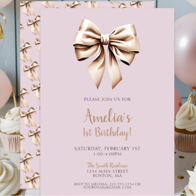 Invitation Coquette violet chic moderne Bow 1er anniversaire (Modern Chic Lavender Beige Coquette Bow 1st Birthday Invitation, bows invite, onederful, girly)