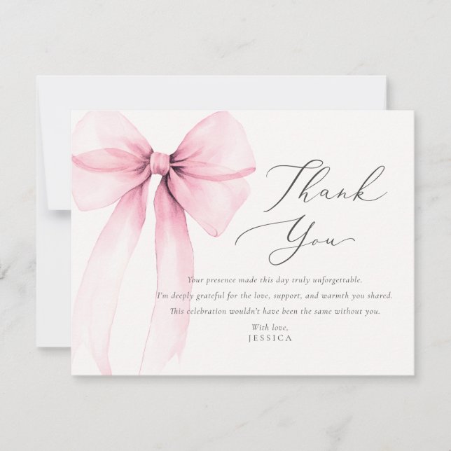 Invitation Coquette Watercolor Pink Bow Thank You Card (Devant)