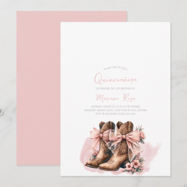 Invitation Coquette Western Boots Quinceanera Anniversaire (Devant / Derrière)