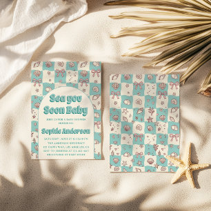 Invitation Coquillage à arc en damier sarcelle Baby Shower