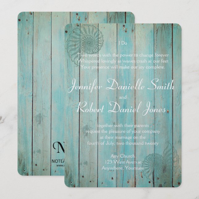 Invitation Coquillage bleu sur Wood Beach Mariage (Devant / Derrière)