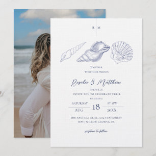 Invitation Coquillages Bleu & Blanc Mariage Élégant de Style