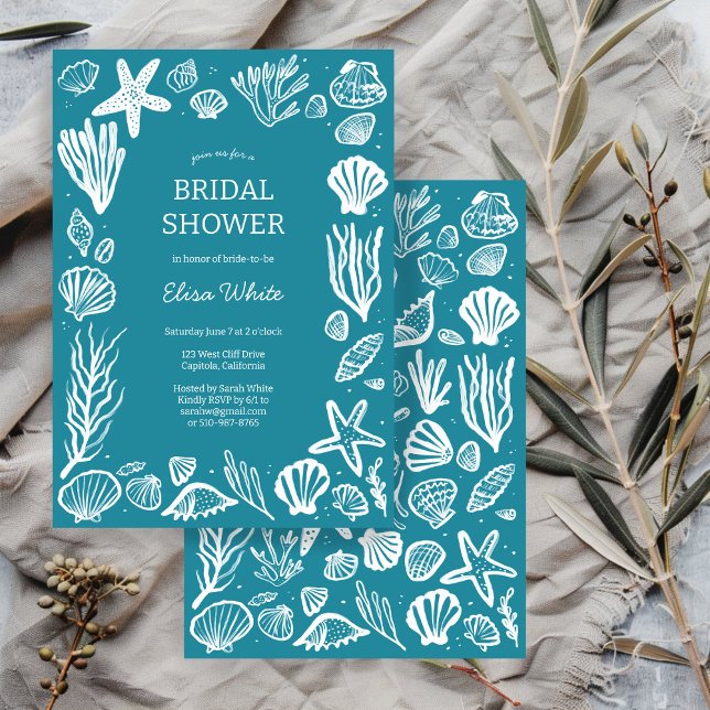 Invitation Coquillages Cadre Douche nuptiale Teal Beach CUSTO (Seashells Frame Bridal Shower Teal Beach CUSTOM Invitation
)