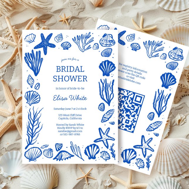 Invitation Coquillages Cadre Fête des mariées Blue Beach CUST (Seashells Frame Bridal Shower Blue Beach CUSTOM QR Code Invitation Summer Ocean Coast  Chic Elegant
)