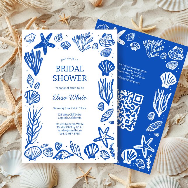 Invitation Coquillages Cadre Fête des mariées Blue Beach CUST (Seashells Frame Bridal Shower Blue Beach CUSTOM QR Code Invitation Summer Sea Coast Chic ELegant 
)