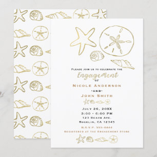Invitation Coquillages de Mer Look Doré Chic Fiançailles de P