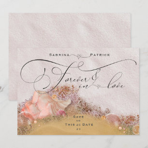 Invitation Coquillages de plage de sable rose Amour éternel
